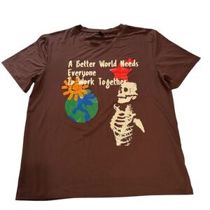 ROMWE Brown Graphic Tee with Earth and Skeleton Design